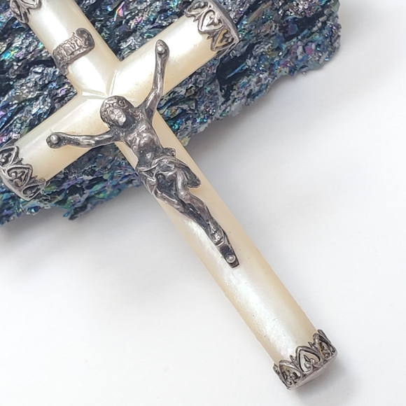 Antique French Mother of Pearl Cruxific 1800 Pendant Sterling Silver Large - Picture 3 of 11